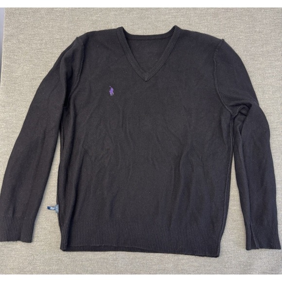 Polo Ralph Lauren Men 100% Lambs Wool L Black V Neck Sweater Logo Preppy Classic - Picture 7 of 12